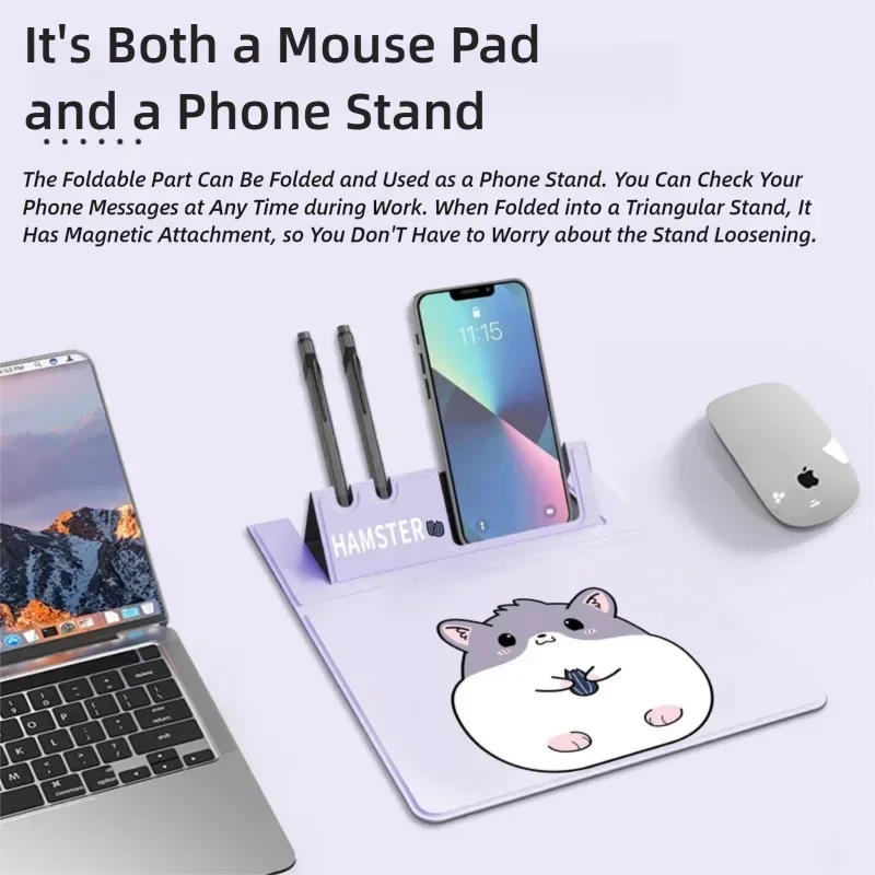 Cute Mouse Pad with Phone Stand & Pen Holder Hamster Pattern PU Leather Waterproof Slim & Portable Desk Mat for Gaming Office
