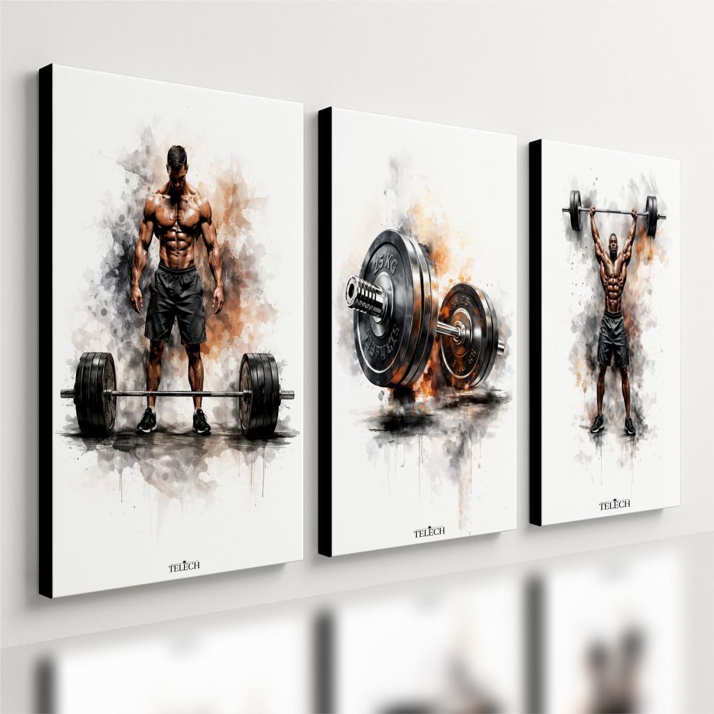 Kit3 Quadro Decorativo Powerlifting Peso Academia Gym Treino Moderno