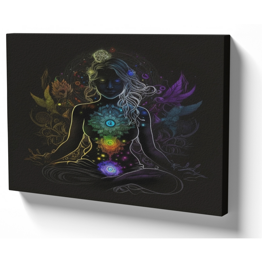 Quadro luxo tela 50x70 estrutura madeira Mulher meditar chakras Reiki Yoga