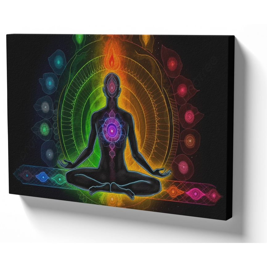 Quadro luxo tela 50x70 estrutura madeira Chakras meditar yoga meditação Reiki