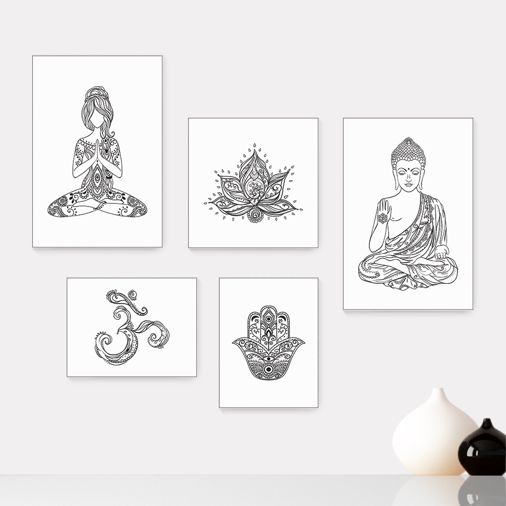 Kit 5 Quadros Decorativos Placas - Yoga Elementos Studio Casa Quarto Sala - 082ktpl5