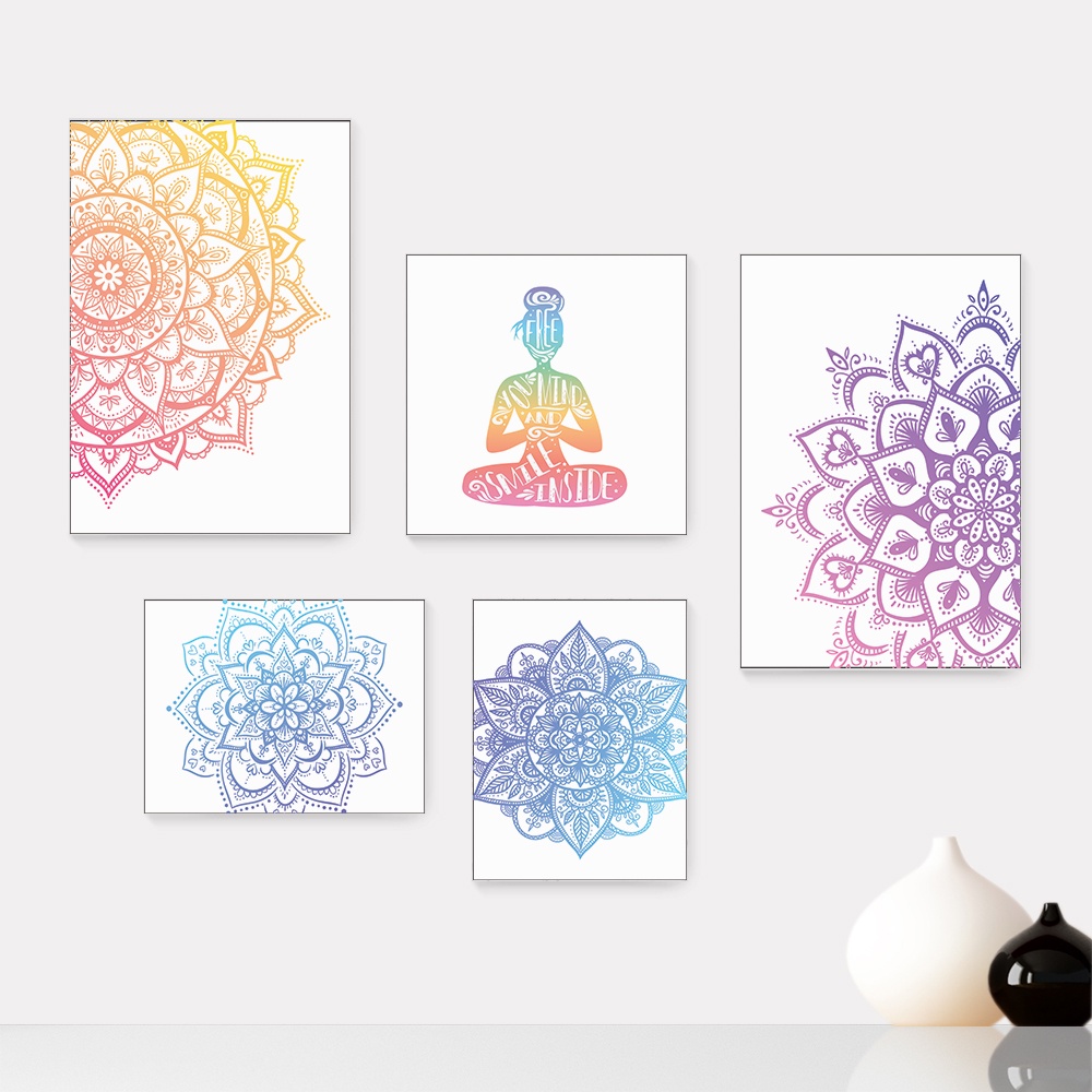 Kit 5 Quadros Decorativos Placas - Yoga Mandalas Studio Casa Quarto Sala - 081ktpl5