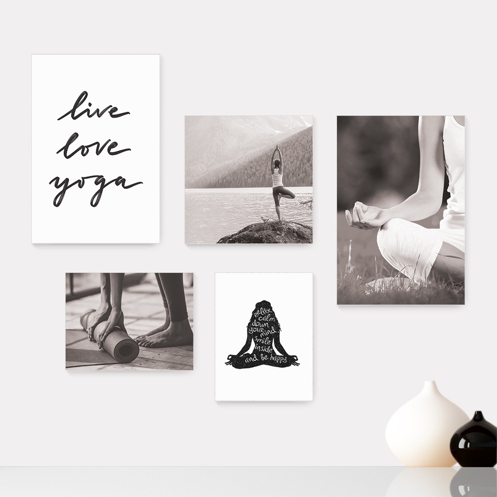 Kit 5 Quadros Decorativos Placas - Yoga Natureza Meditação Casa Quarto Sala - 079ktpl5