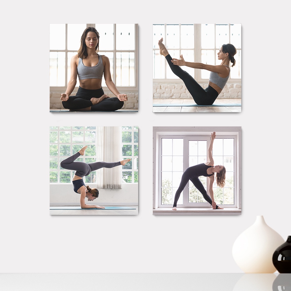 Kit 4 Quadros Decorativos Yoga Alongamento Relaxamento Casa Quarto Sala Placas - 0046ktpl4
