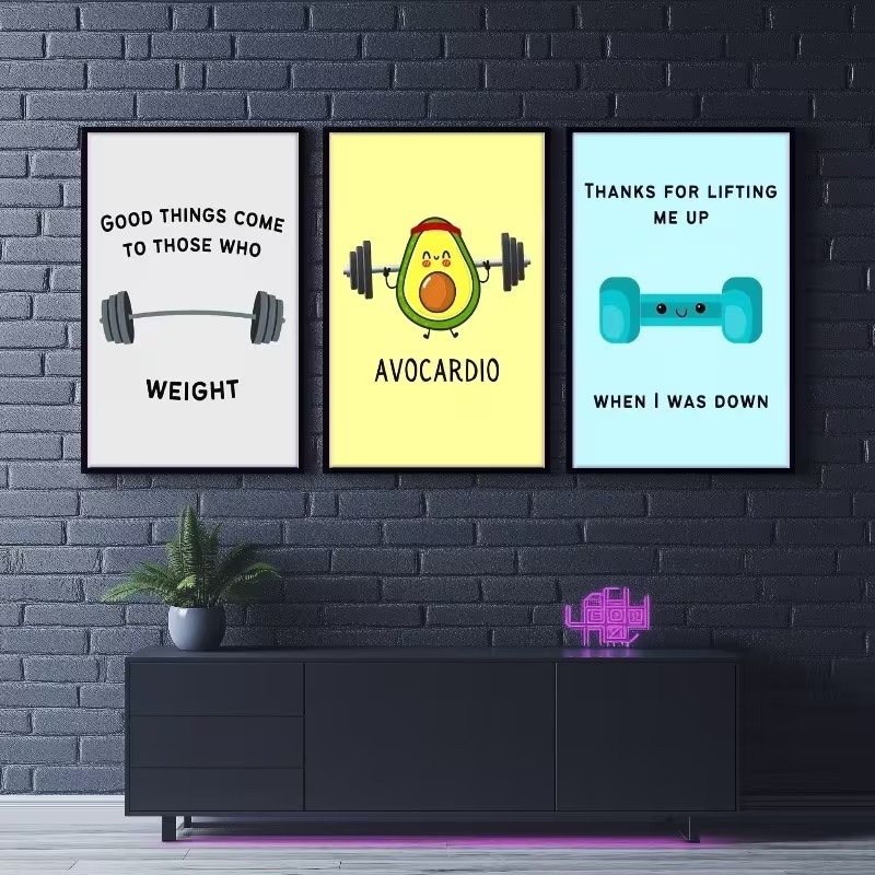 KIT 3 Quadros Fitness Humor Academia Avocardio | Decoração Home Gym Frases Motivacionais