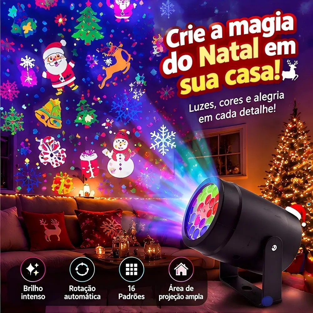 Projetor LED Natalino 16 Temas Luzes de Natal Desenhos Coloridos Rotação 270° Decoração Casa Jardim Parede Festa