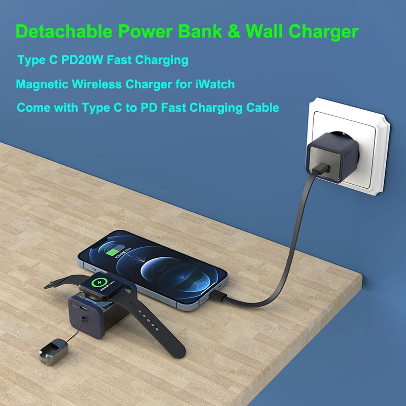 Mini Power Bank with USB C Cable AC Plug PD 20W Fast Charger for iPhone 16 Magnetic Wireless Charger for iWatch Apple Watch 9 8