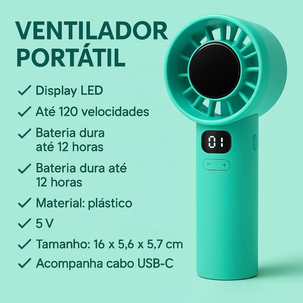 Mini Ventilador Turbo Portátil 120 Níveis De Velocidade Mudo Display LED Digital USB Recarregável