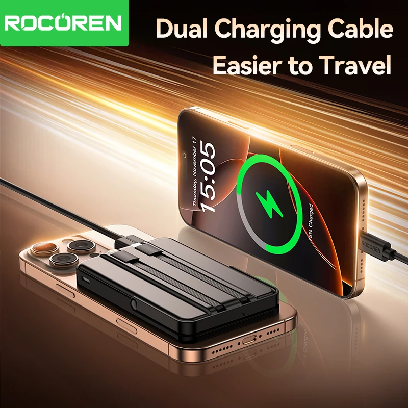 Rocoren PD 22.5W Fast Charging Power Bank 10000mAh Magnetic Wireless Charger for iPhone 16 15 14 Powerbank Built Charging Cables