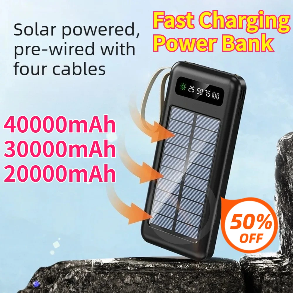 Power Bank 40000mAh 30000mAh 20000mAh for IPhone Samsung Solar Large Capacity Mobile Fast Charging Battery Dual USB 4 Cables