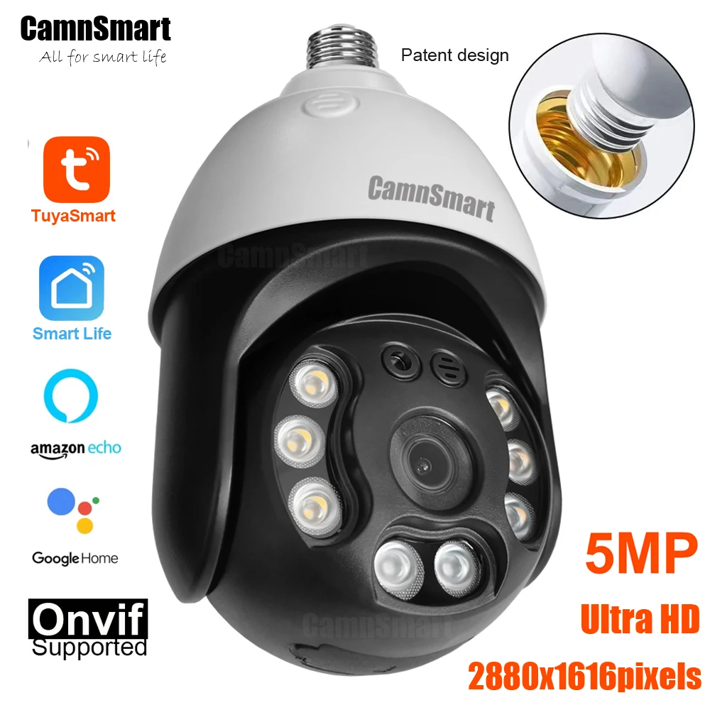 Camnsmart Tuya 5MP Alexa Wifi Bulb Camera E27 Google Home Wireless CCTV Outdoor Video Surveillance Security Support Onvif NVR