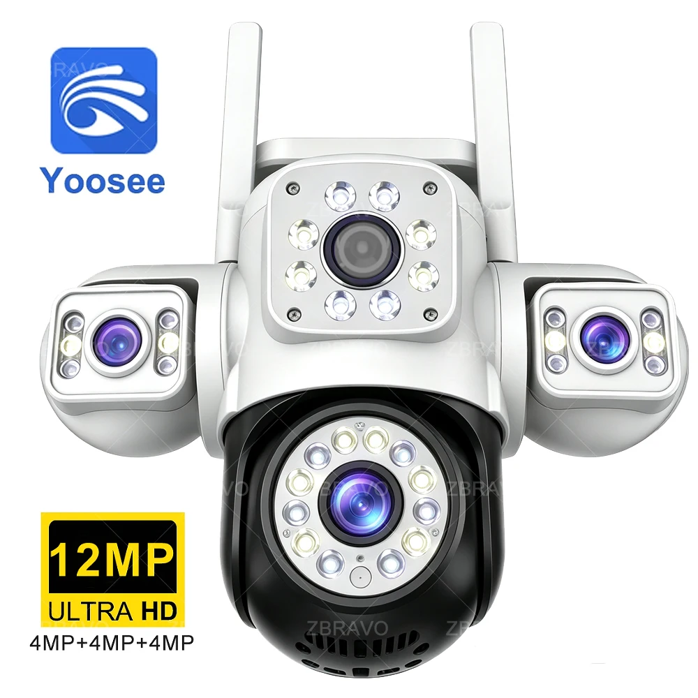 Yoosee 6K 12MP 3 Lens 3 Screens WiFi Camera Outdoor Waterproof IP PTZ Auto Tracking Color Night Vision Home CCTV Security Camera