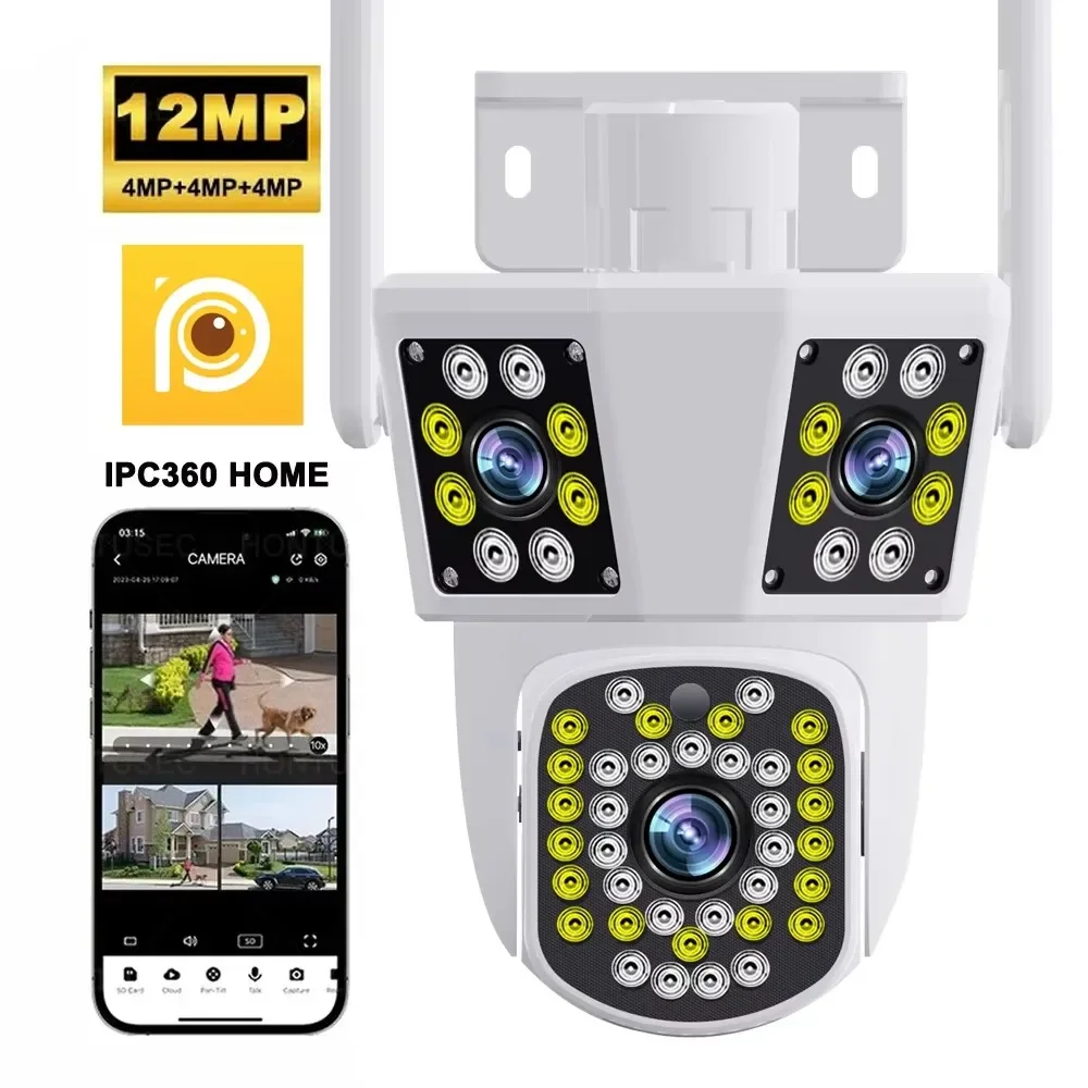 IPC360 HOME 6K 12MP WiFi PTZ Surveillance Camera 3 Lens Auto Tracking Two Way Audio Color Night Vision Outdoor Security Camera