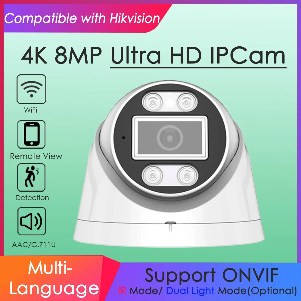 4K 8MP Wifi Wireless IP Camera Compatible with Hikvision Smart IR Dual Light Motion Detection for Home Surveillance Onvif