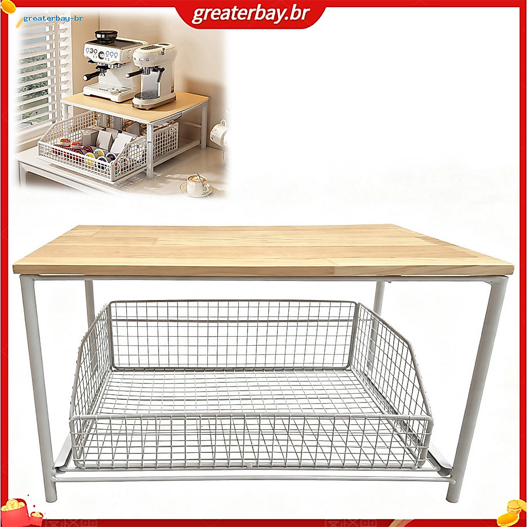 Two-tier Coffee Maker Storage Rack with Drawer – Wood Top Metal Basket Organizer for Kitchen Office Break Room Space-s