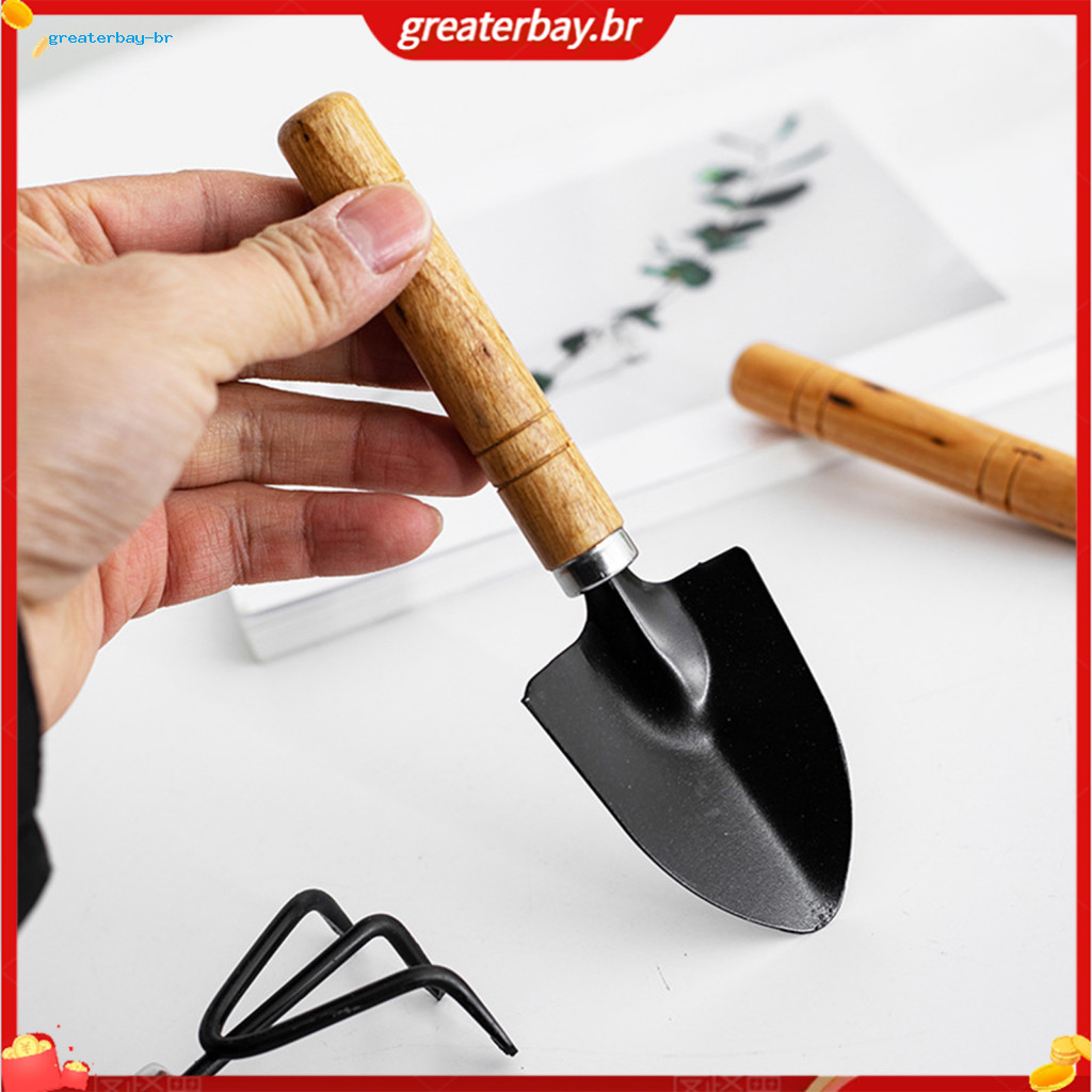 3pcs Small Gardening Tools Set with Wood Handles – Heavy Duty Metal Hand Shovel Rake Trowel for Balcony Succulents Flo