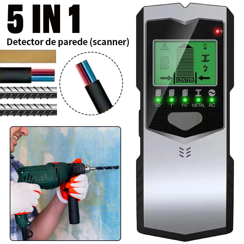 Detector De Parede 5 Em 1 Para Wood/Metal/Stud/AC Wire/Pipe Beam