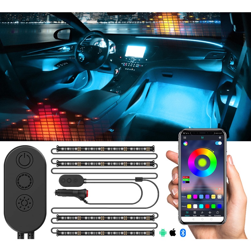 Carro LED RGB Luz Interior Atmosfera Luzes Tira Controle Sem Fio DIY Cor Vários Modos Decorativo Pé Lâmpada