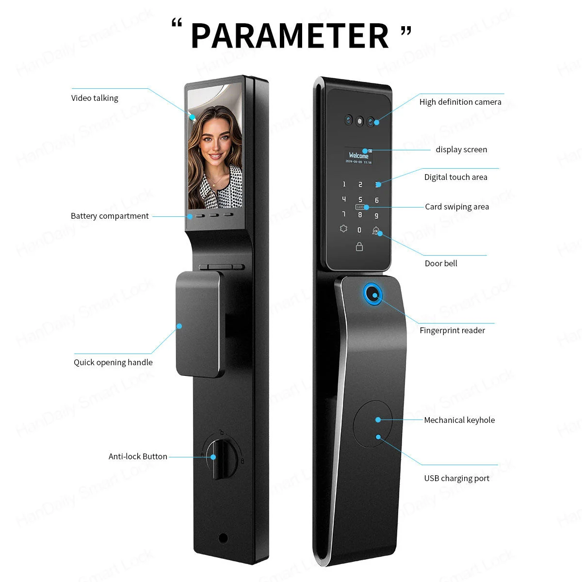 Waterproof Tuya 3D Face Recognition Digital Lock for Home Biometric Fingerprint Smart Door Lock Lock Body Intercom
