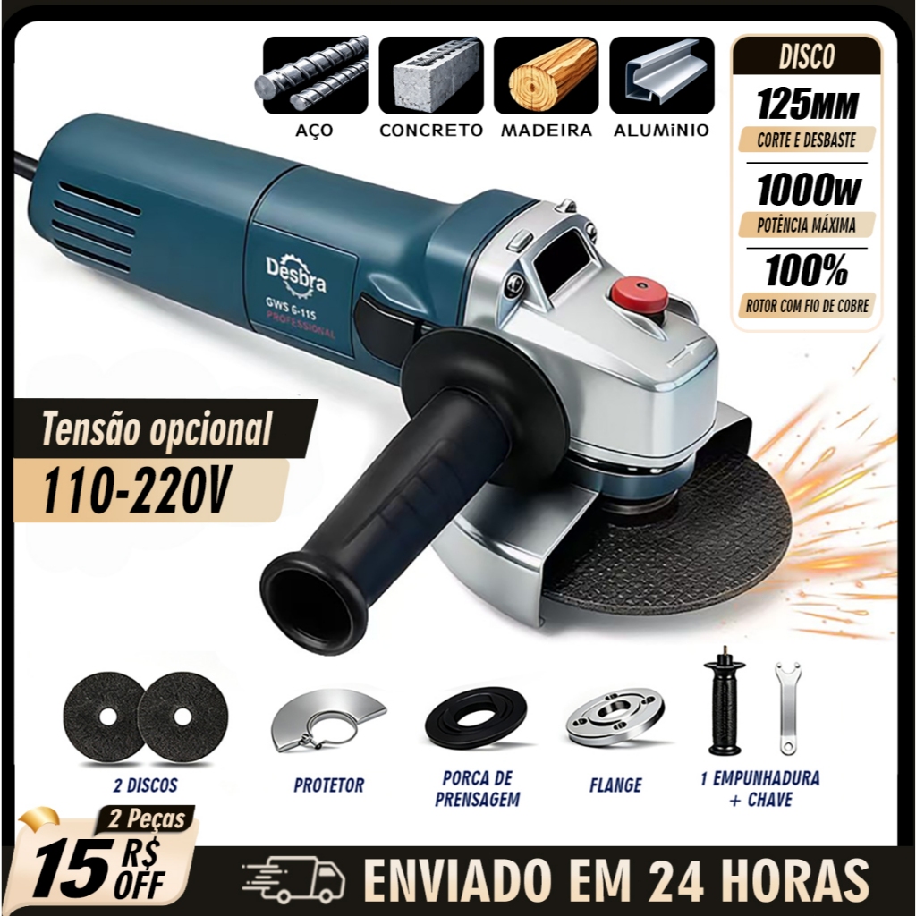 Esmerilhadeira Angular Multifunção Profissional 110V/220V 11000RPM Alta Rotação Núcleo 100% cobre
