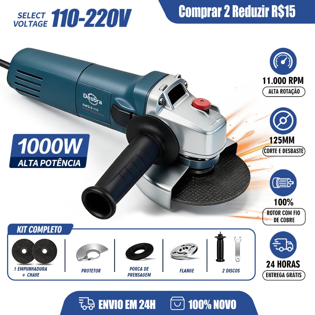 Esmerilhadeira Angular Multifunção Profissional Kit Completo, Bivolt 110V/220V 11000rpm para Cortar Lixar e Polir