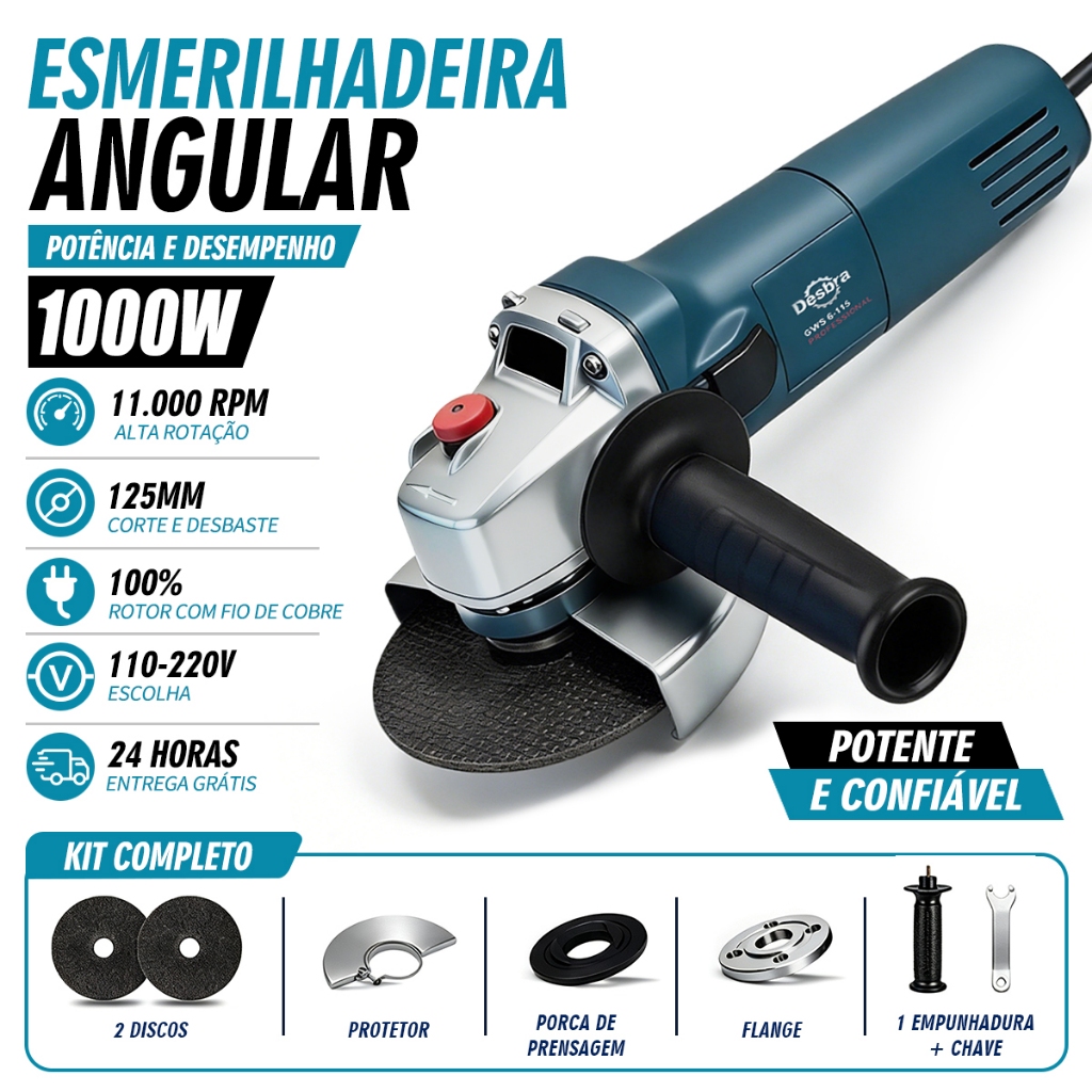 Esmerilhadeira Angular Bivolt 110/220V 11000RPM Kit Multifunção de Alta Performance para Corte Lixagem e Polimento