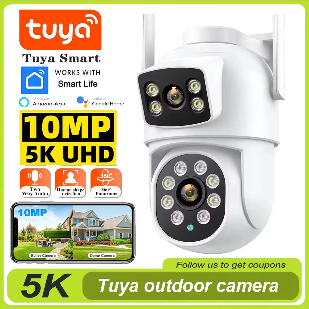 Tuya 4K 8MP Wifi Camera PTZ Outdoor Dual Screen Human Detection Dual Lens 10MP Security Protection IP Camera Video Surveillance