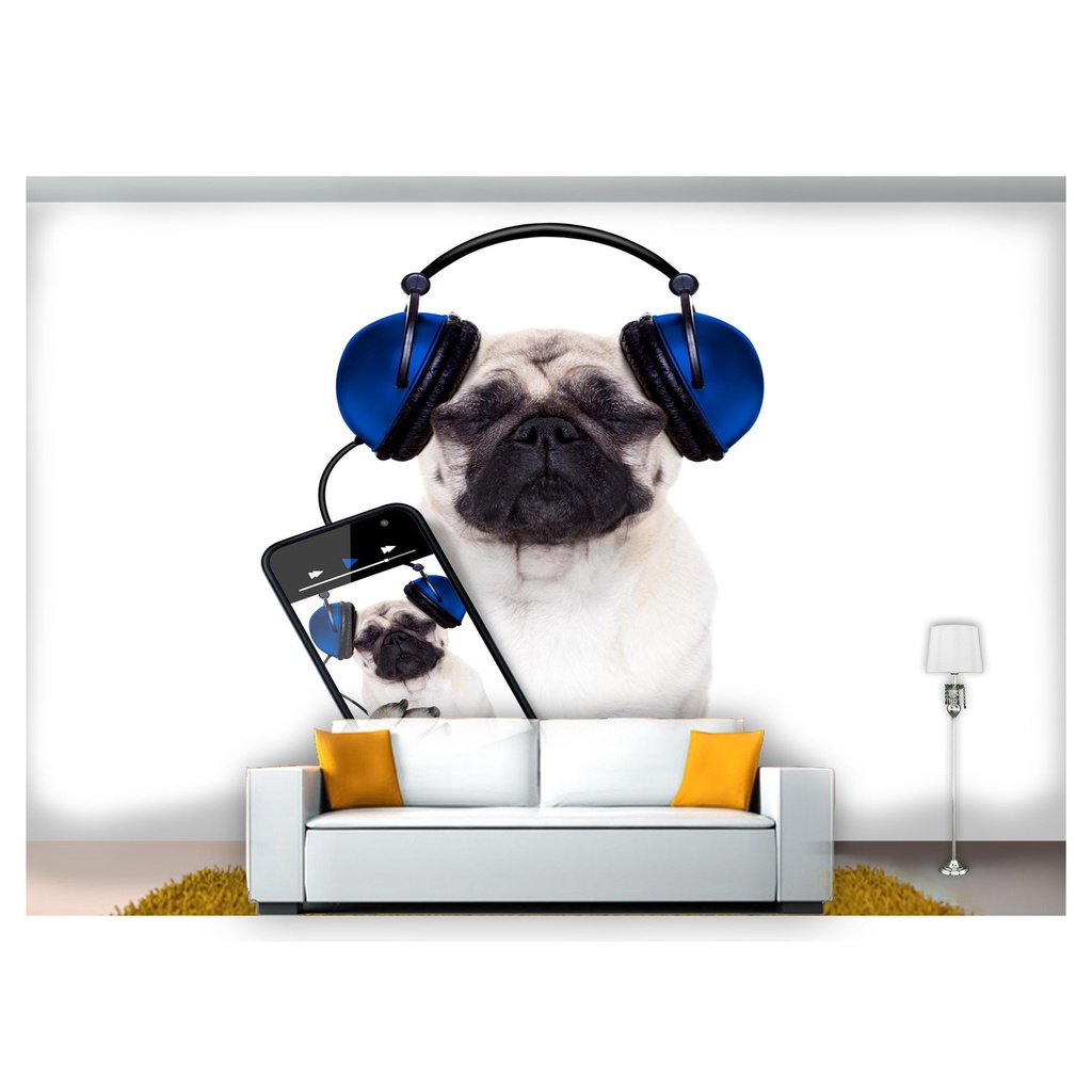 papel de parede Animais Pug fone de ouvido 3D 7,5m² ANM110