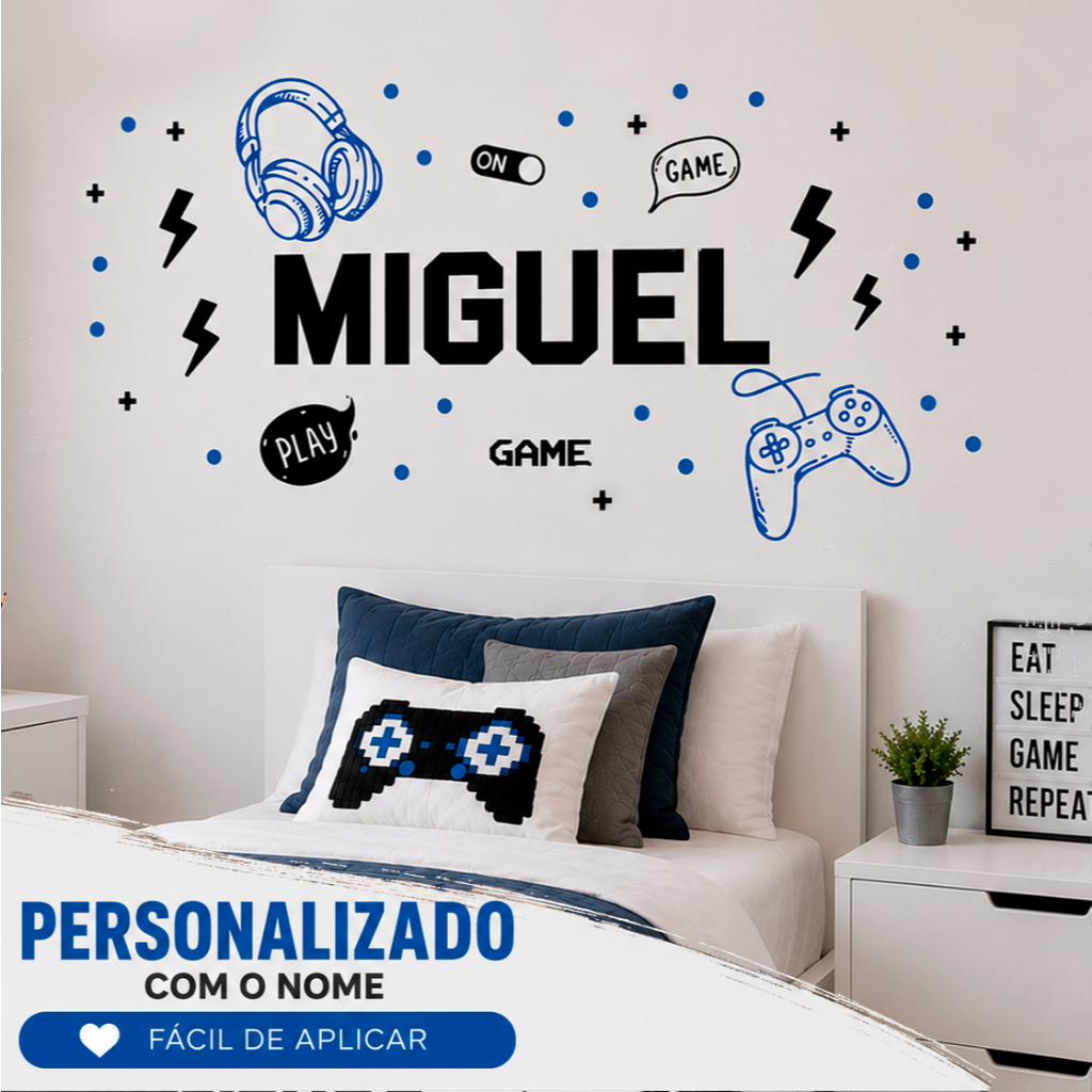 Adesivo de Parede Gamer Game Personalizado com Nome Controle Fone Menino Quarto