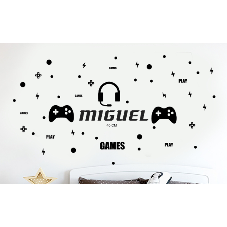 Adesivo de parede game, gamer fone de ouvido controle nome personalizado decoração menino