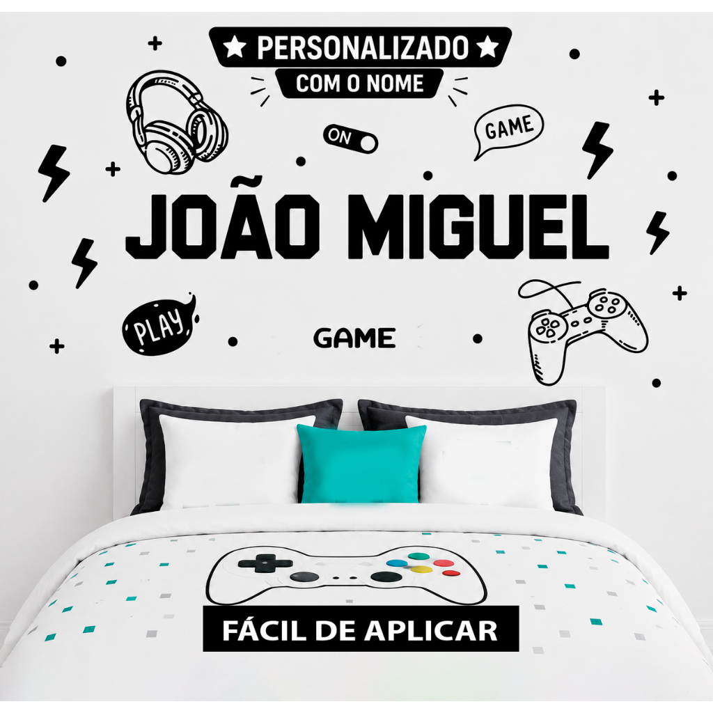 Adesivo de Parede Game Gamer Controle  Fone de Ouvido  Nome Personalizado