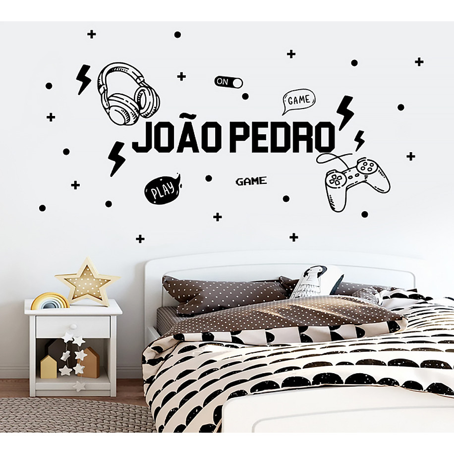 Adesivo de parede infantil game, gamer, controle, fone de ouvido, com nome personalizado