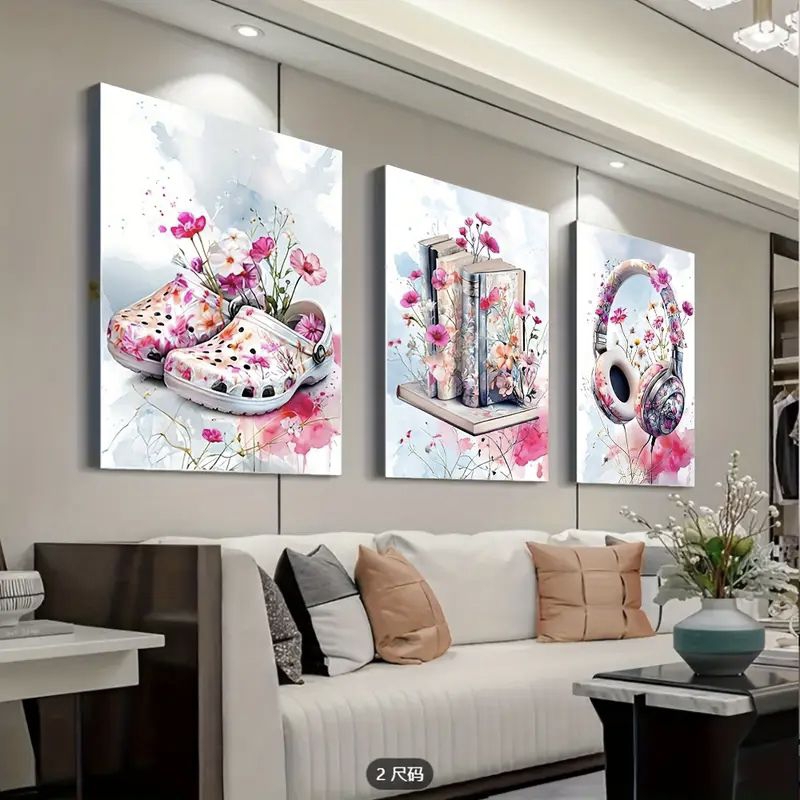 Quadro Decorativo feminino chinela feminina livros fone de ouvido e flores rosa com fundo branco tamanho 62x122 cm