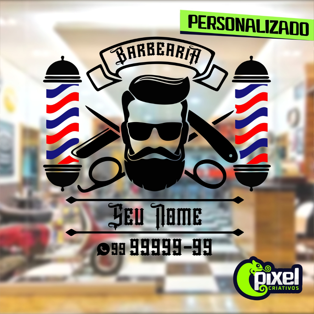 Adesivo Vinil PERSONALIZADO Barbearia - Seu Nome - Seu Fone - Vitrine, Parede, Salão, Barber