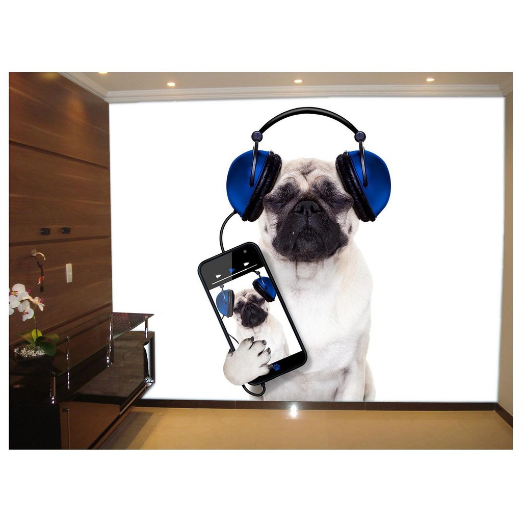 Adesivo de Parede Animais Pug fone de ouvido 3D m² ANM110