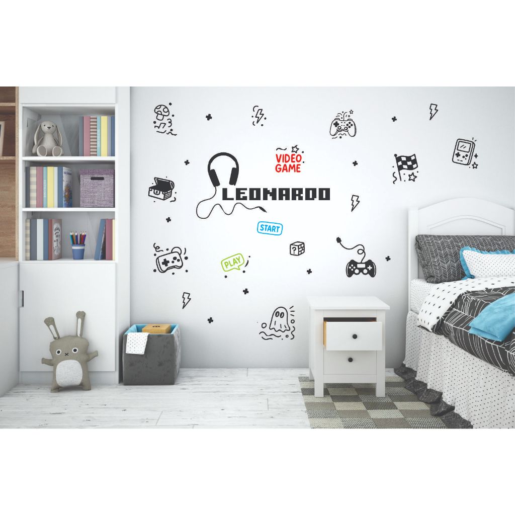 Adesivo de Parede Game, Gamer, Controle, Fone de Ouvido, Nome Personalizado Menino Papel de Parede
