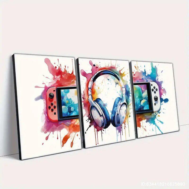 Quadro Decorativo Tríptico Gamer Colorido – Headset e Consoles com Estilo Aquarela