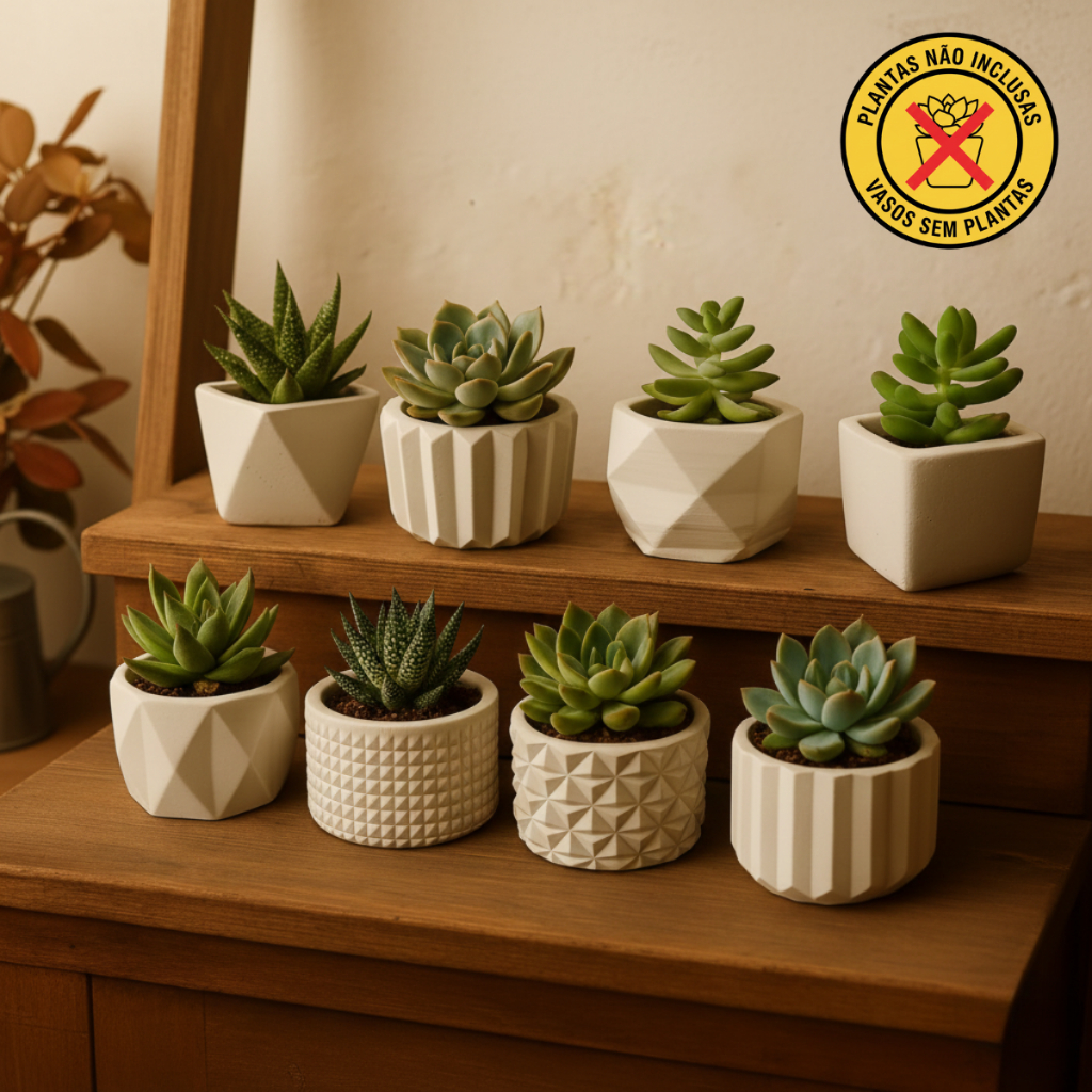 Kit 8 Unidades Vaso Decorativo de Gesso Texturizado Para Suculentas, Cactus e Plantas Artificiais ou Naturais cor Branco