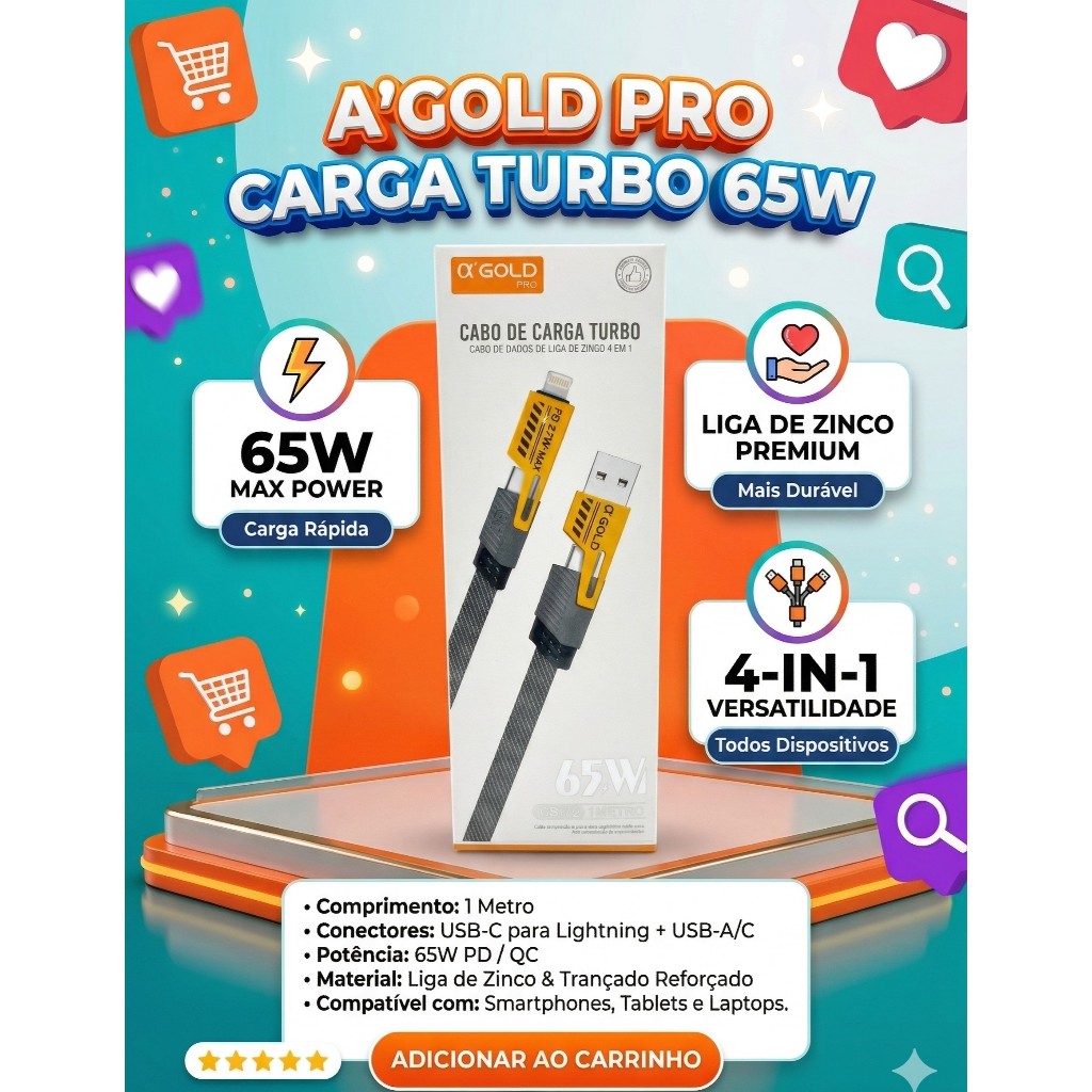 Cabo 4 em 1 Turbo 65W A'Gold Pro Original Nylon Reforçado Tipo C Lightning iPhone Samsung Notebook PD Quick Charge