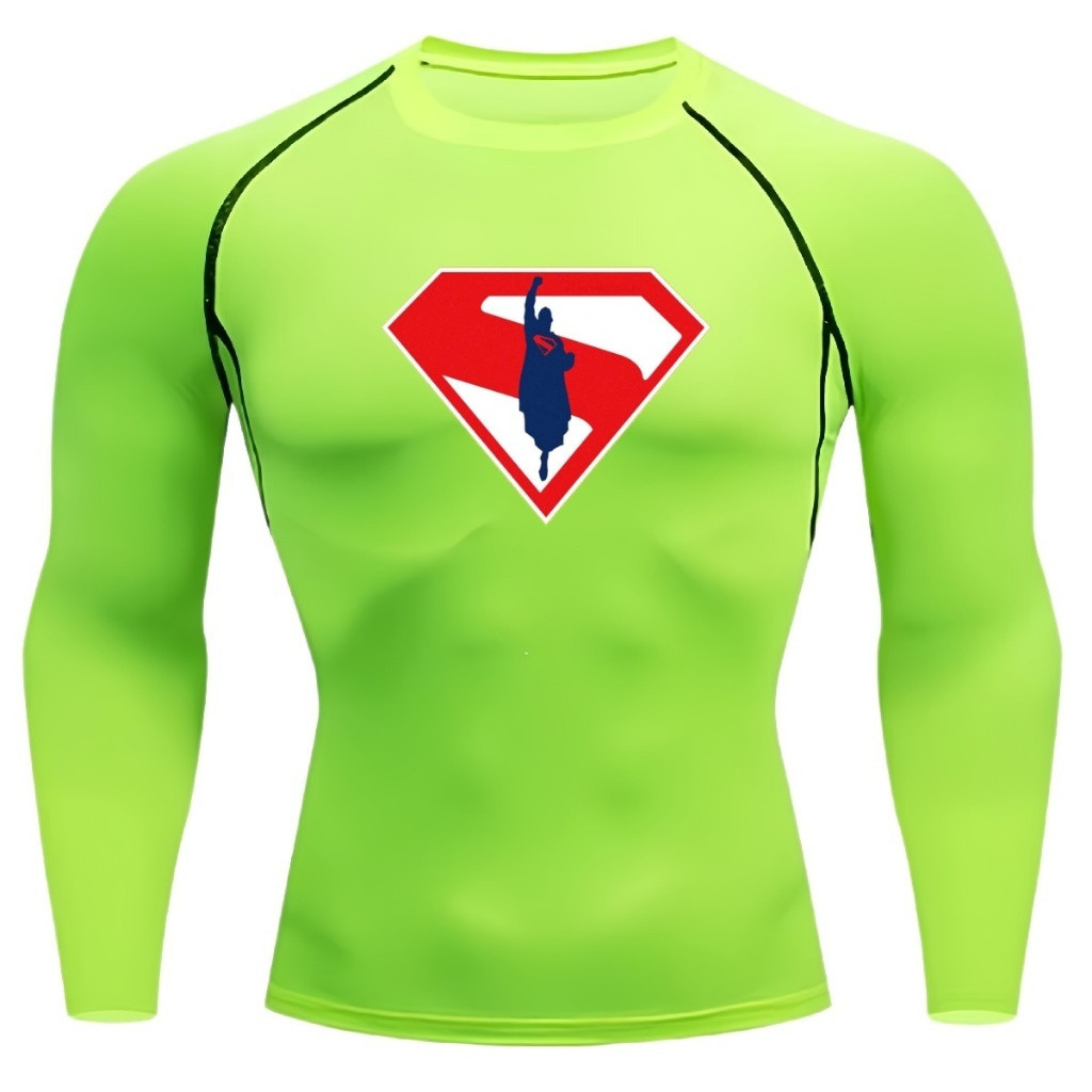 Verde Brilhante Superman Hero Print Camiseta De Compressão De Manga Comprida Masculina Fitness Running Baselayer