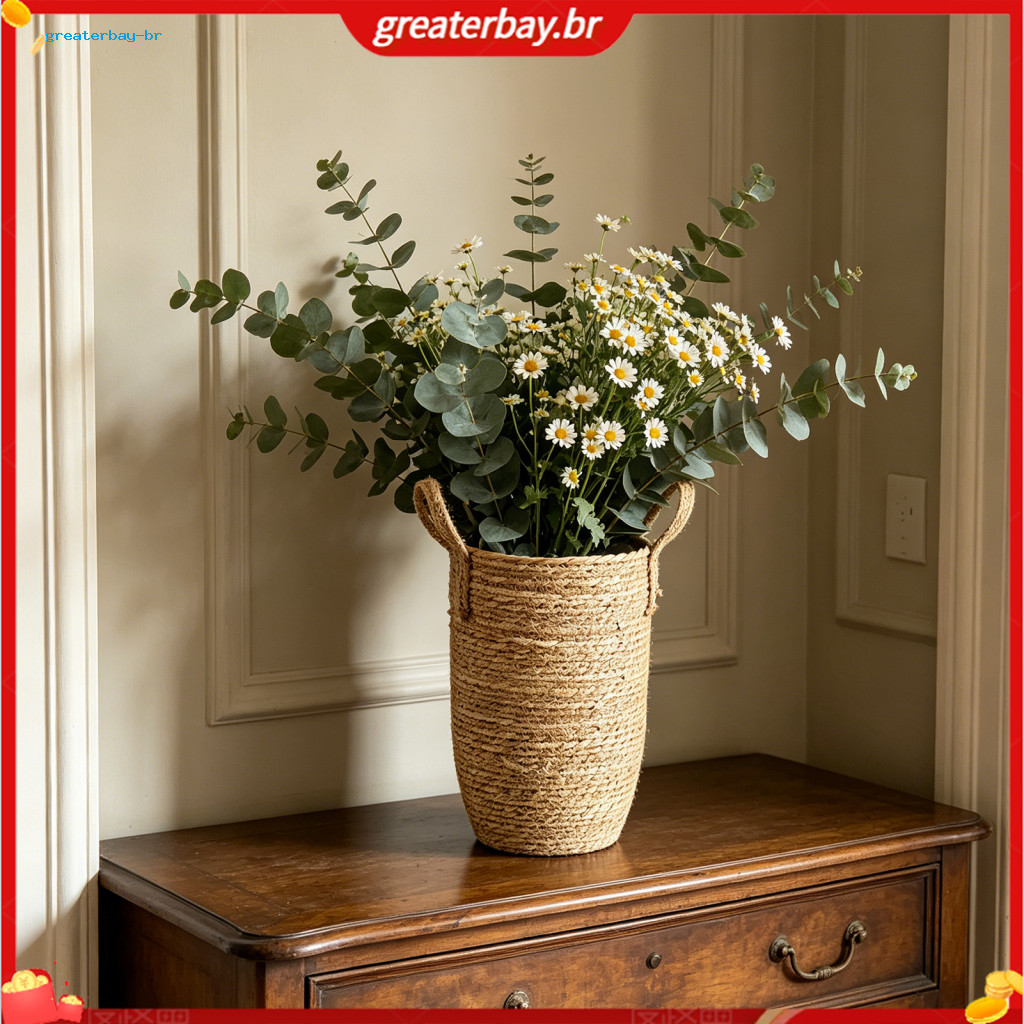 Rustic Woven Seagrass Flower Basket with Waterproof Lining – Vintage Indoor Planter Pot for Home Decor Plant Arrangeme