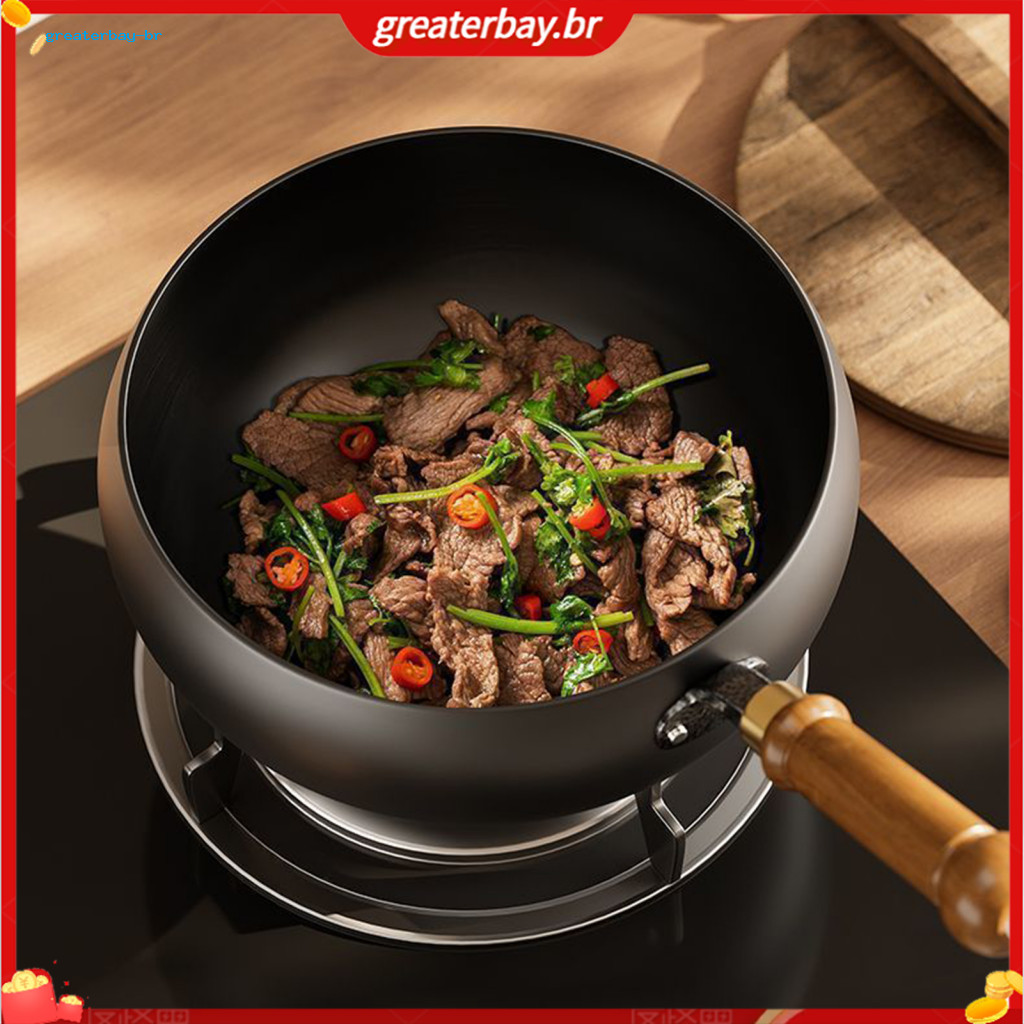 Non-stick Cast Iron Wok with Lid Spatula 24/28cm Belly Frying Pan for Stir-fry Soup Uncoated Scratch-resistant Induction