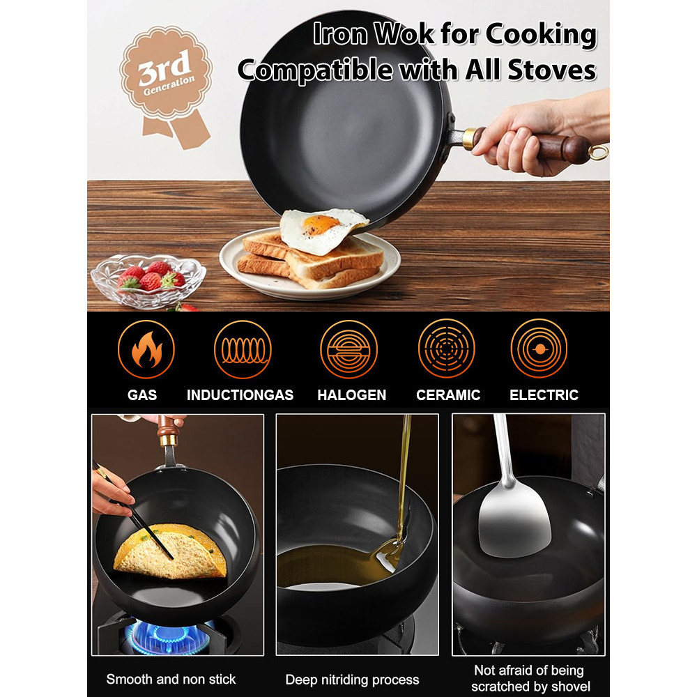 【Design Ergonômico】Multipurpose Cast Iron Wok Pan - Panela/Cozinha/Fritura