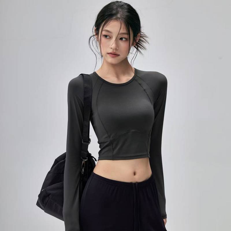 Yoga Clothes with Chest Pad Skinny Slimming Sports Long Sleeve Short Top Professional Pilates Training Top PxwQ