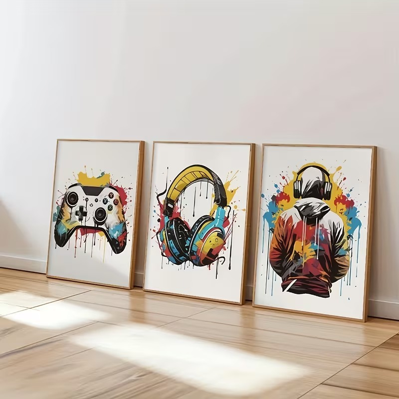 Kit 3 Quadros Decorativos Gamer Controle Fone Música Splash Art Colorido Quarto Jovem