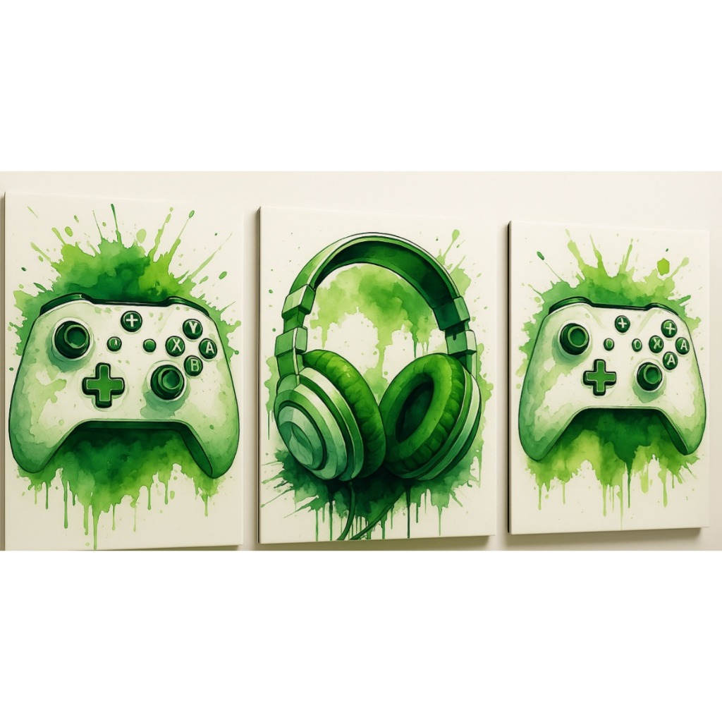 Quadro Decorativo Gamer Neon Verde Controle Headset Arte Moderna Criativa Video Game Geek Nerd Art