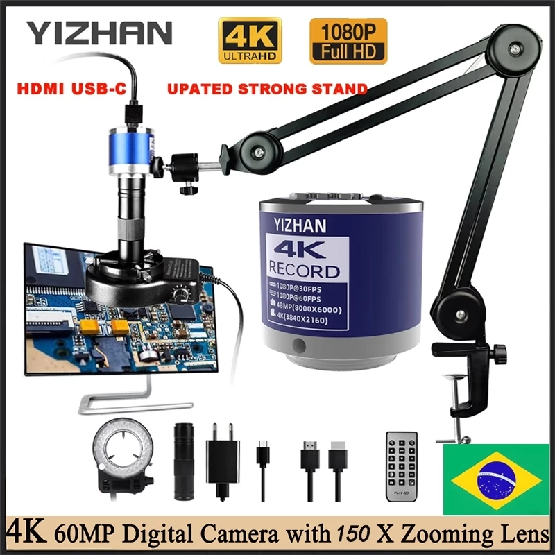 YIZHAN Microscópio de vídeo industrial 48mp 1080p hdmi type-c câmera zoom 150x Lente Atualizada Suporte Reforçado