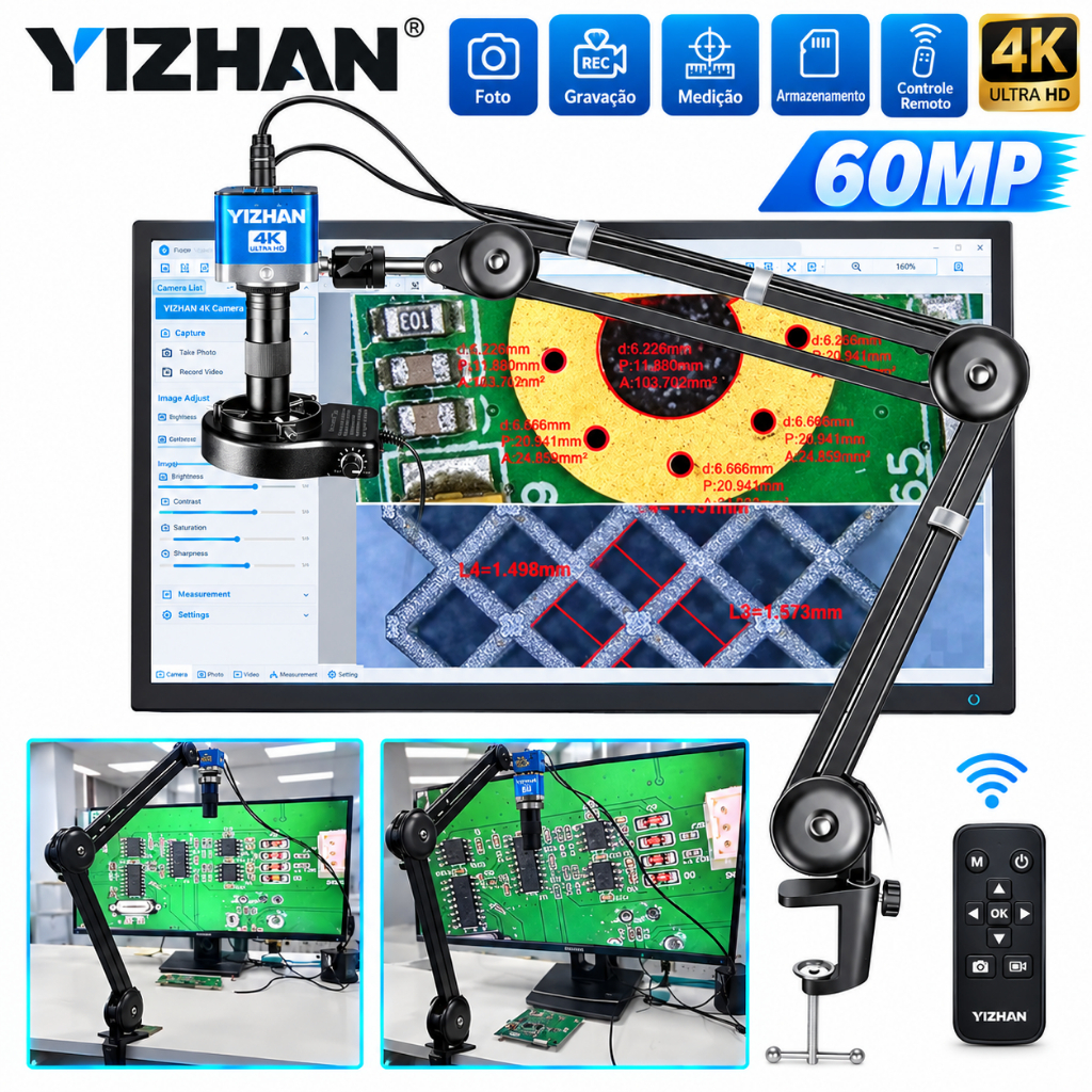 Microscópio Industrial 4K 60MP Com Suporte Aprimorado , De Vídeo Digital 150X Porta HDMI USB-C Para Reparo De Solda PCB