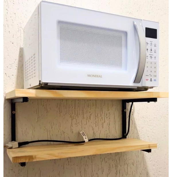 Suporte Microondas 50cm Forno Air Frier impressora Videogame Prateleira Parede Nicho Industrial Aço e Madeira Pinus