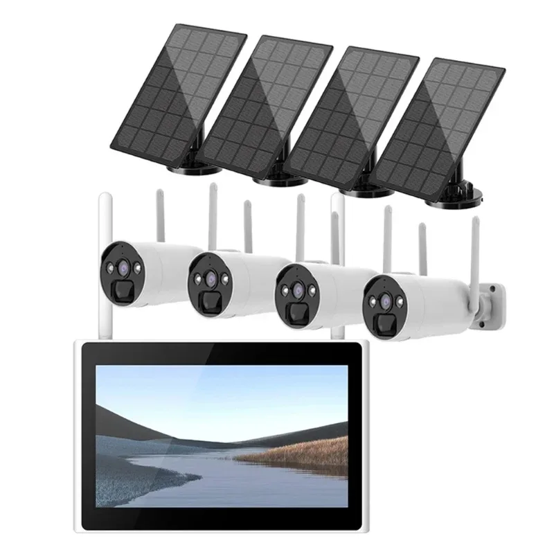4CH WiFi camera NVR Kit 10.1inch  Solar Power Rechargeable Battery Two-way Audio 4Mp Home security